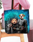 Personalized 2 pet tote bag with dogs in Game of Thrones royal portraits, one on an iron throne.