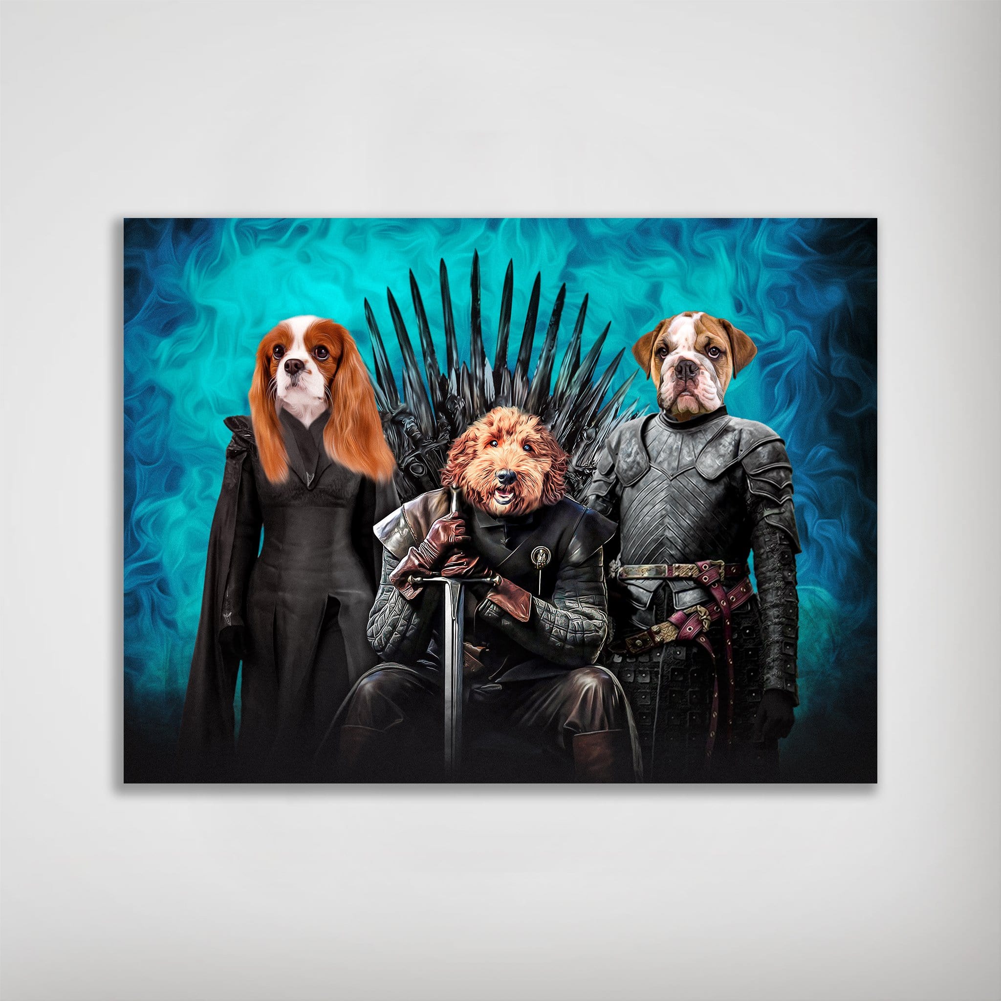 Game of Bones personalized 3-pet poster featuring dogs in medieval costumes on a blue background.