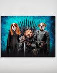 Game of Bones personalized 3-pet poster featuring dogs in medieval costumes on a blue background.