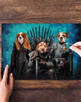 Personalized 3-pet puzzle featuring dogs in Game of Thrones-style royal costumes.