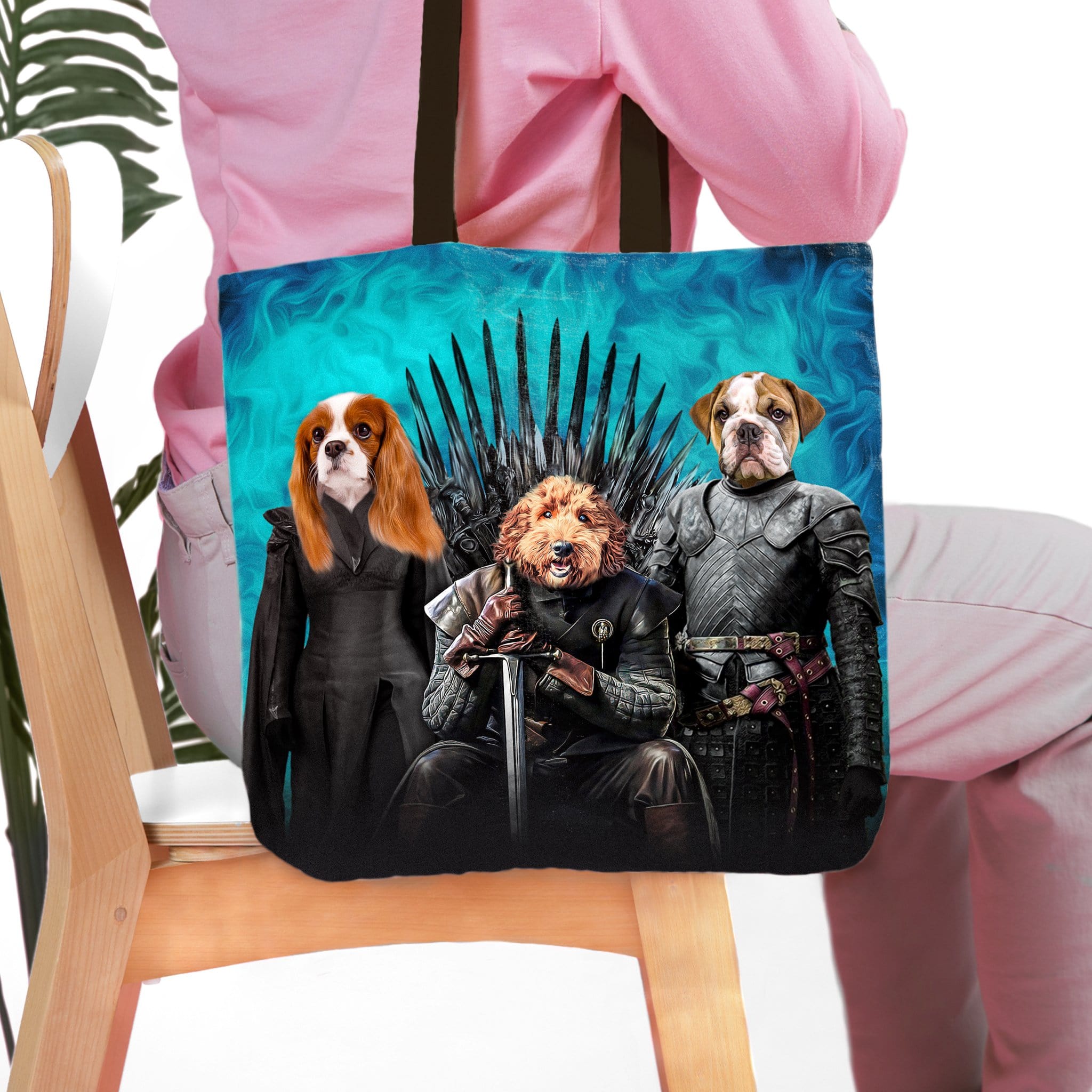 Personalized 3-pet tote bag with dogs in Game of Thrones royal renaissance portraits.