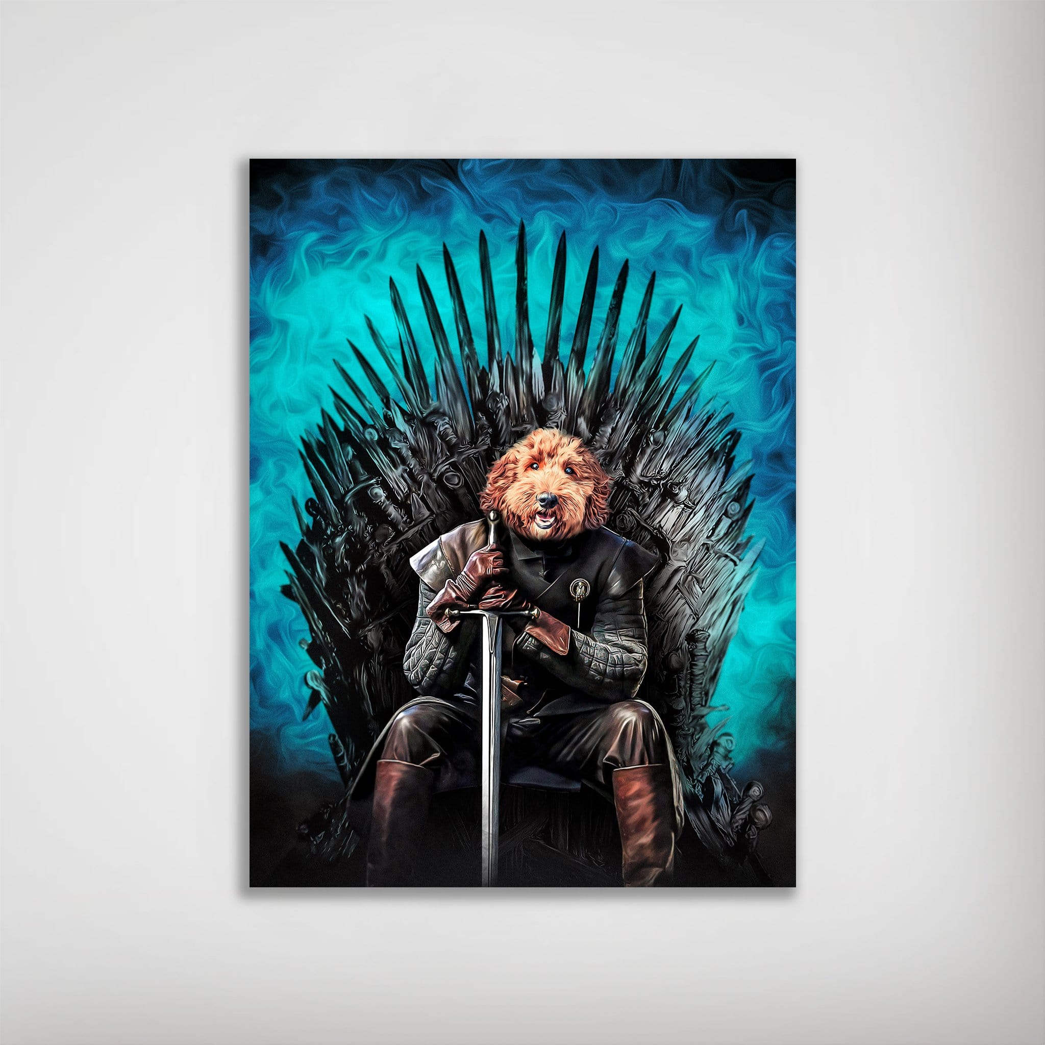 Personalized 'Game of Bones' poster featuring a dog's head on a warrior body on an iron throne.