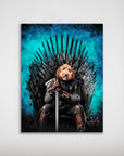 Personalized 'Game of Bones' poster featuring a dog's head on a warrior body on an iron throne.