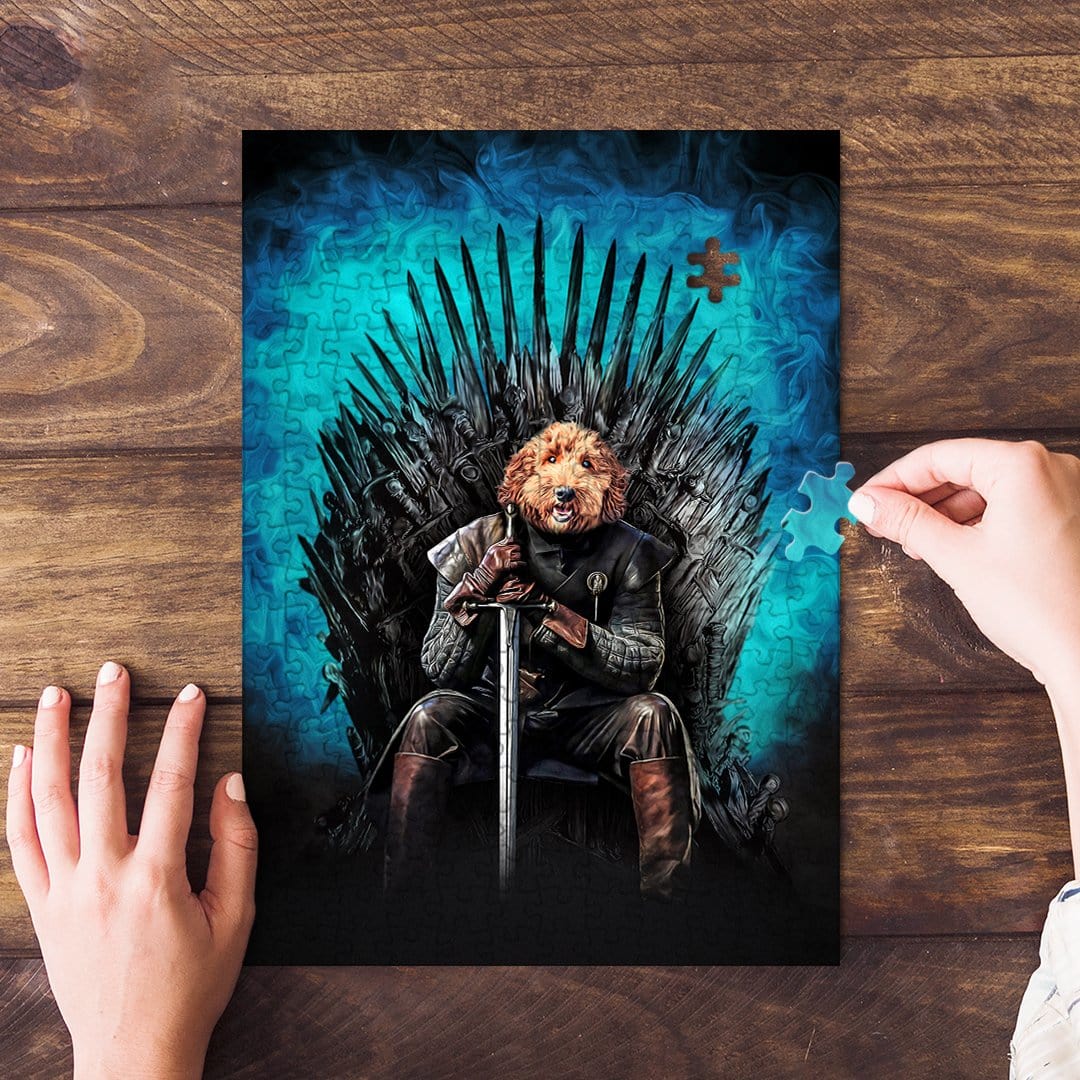 Personalized 'Game of Bones' pet puzzle featuring a dog's face on an Iron Throne character.