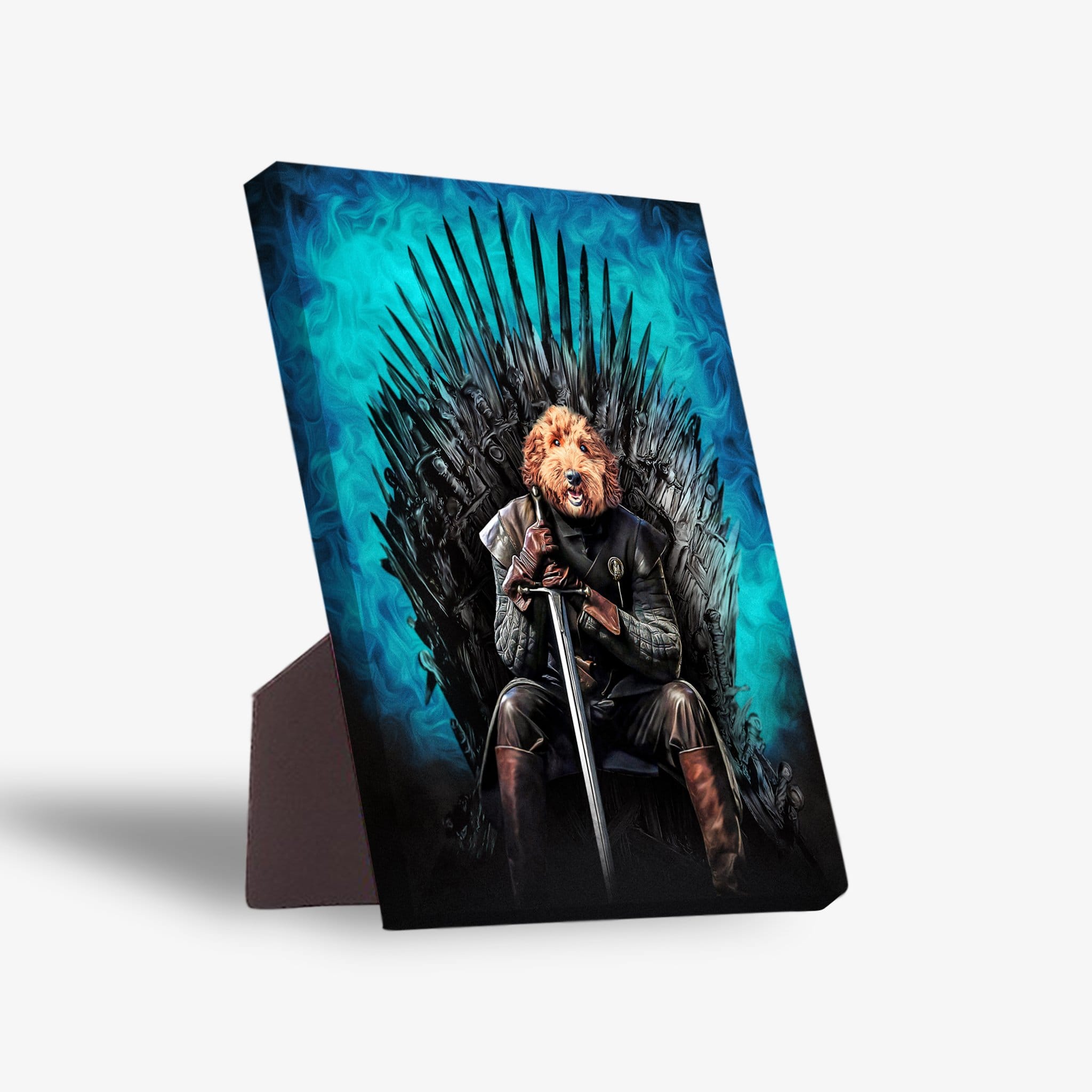 Personalized 'Game of Bones' pet portrait on a standing canvas, featuring a dog on an iron throne.