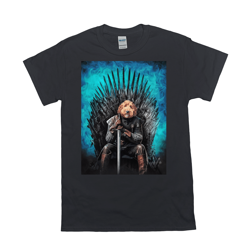 Black Gildan unisex t-shirt with a personalized pet portrait of a dog on the Iron Throne.