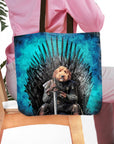 Personalized Game of Bones tote bag with a custom pet portrait of a dog on an iron throne.