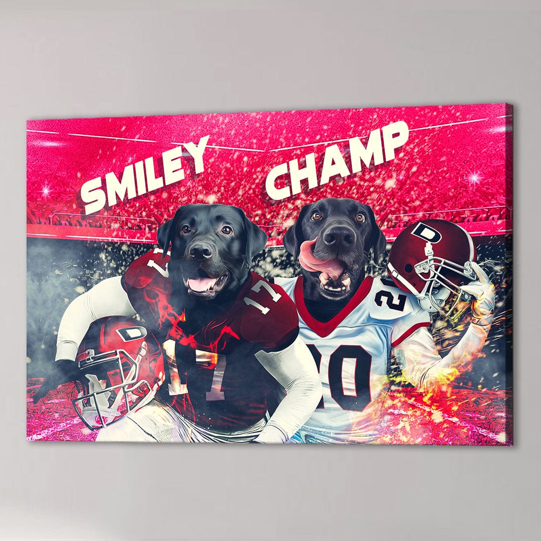 Personalized canvas featuring two black labs in red and white football jerseys with "SMILEY" and "CHAMP.
