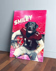 Personalized pet canvas featuring a black dog in a red football uniform, holding a helmet, against a stadium backdrop.
