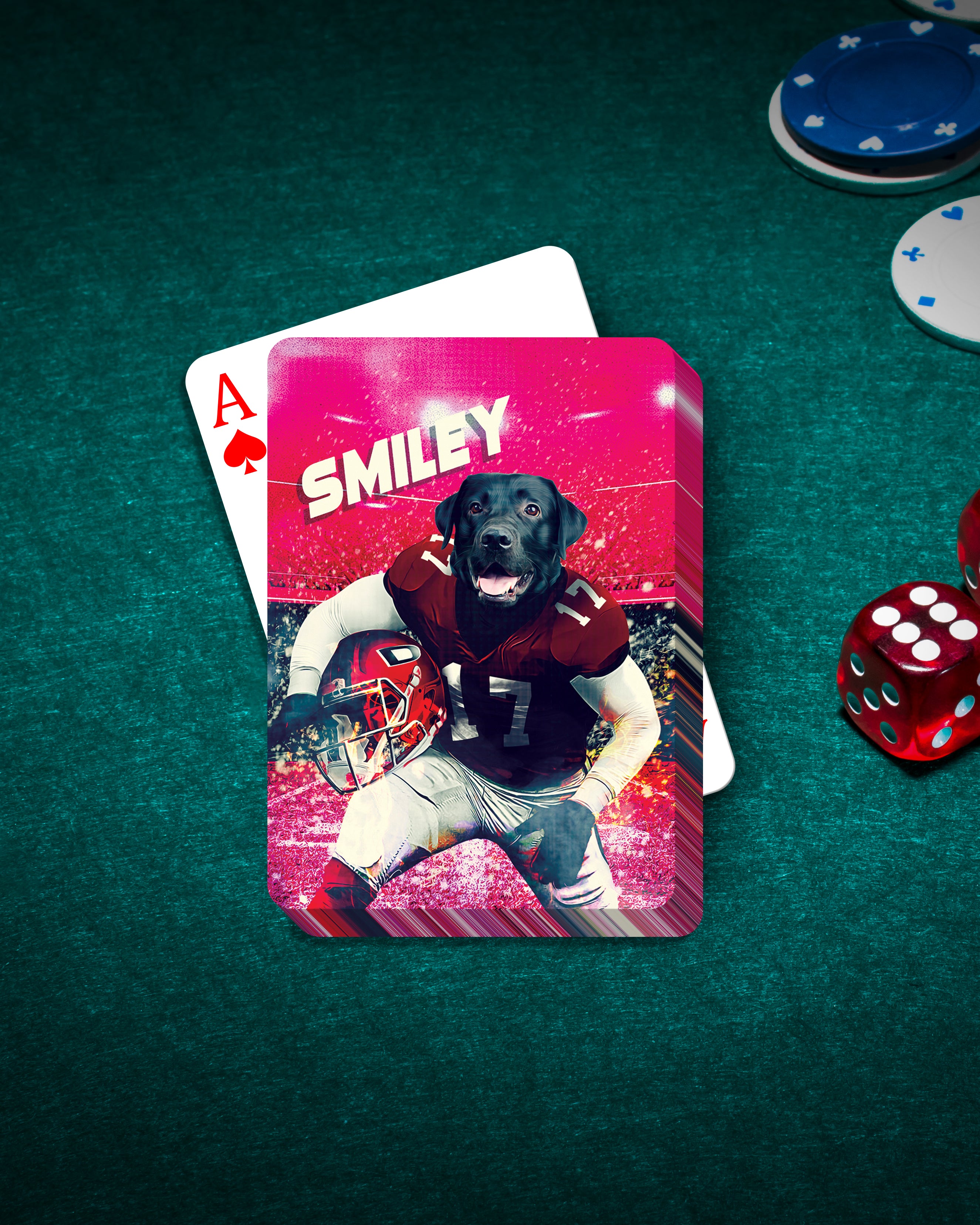 Personalized playing card featuring a black dog in a football uniform on a red stadium background.