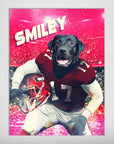 Personalized 'Georgia Doggos' pet poster featuring a black lab in a red football uniform against a stadium background.