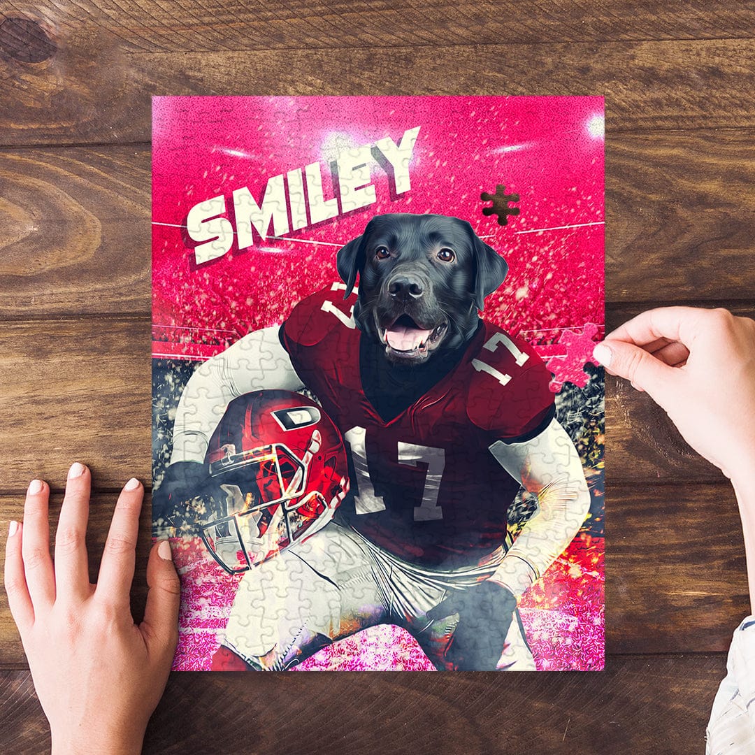 Personalized pet puzzle featuring a black lab in a red football uniform, with "SMILEY" text.