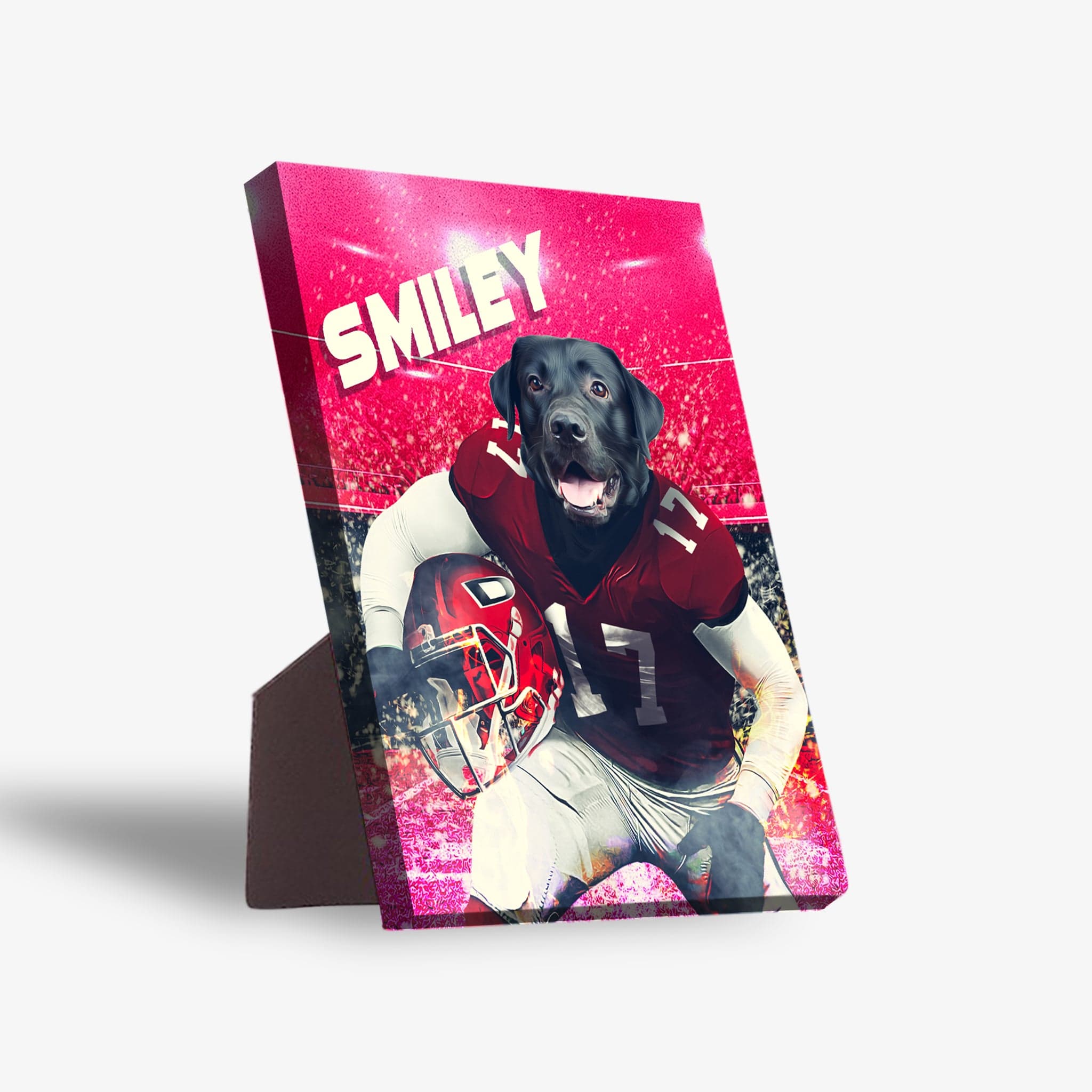 Personalized pet standing canvas featuring a black dog in a red football uniform with "SMILEY" text.