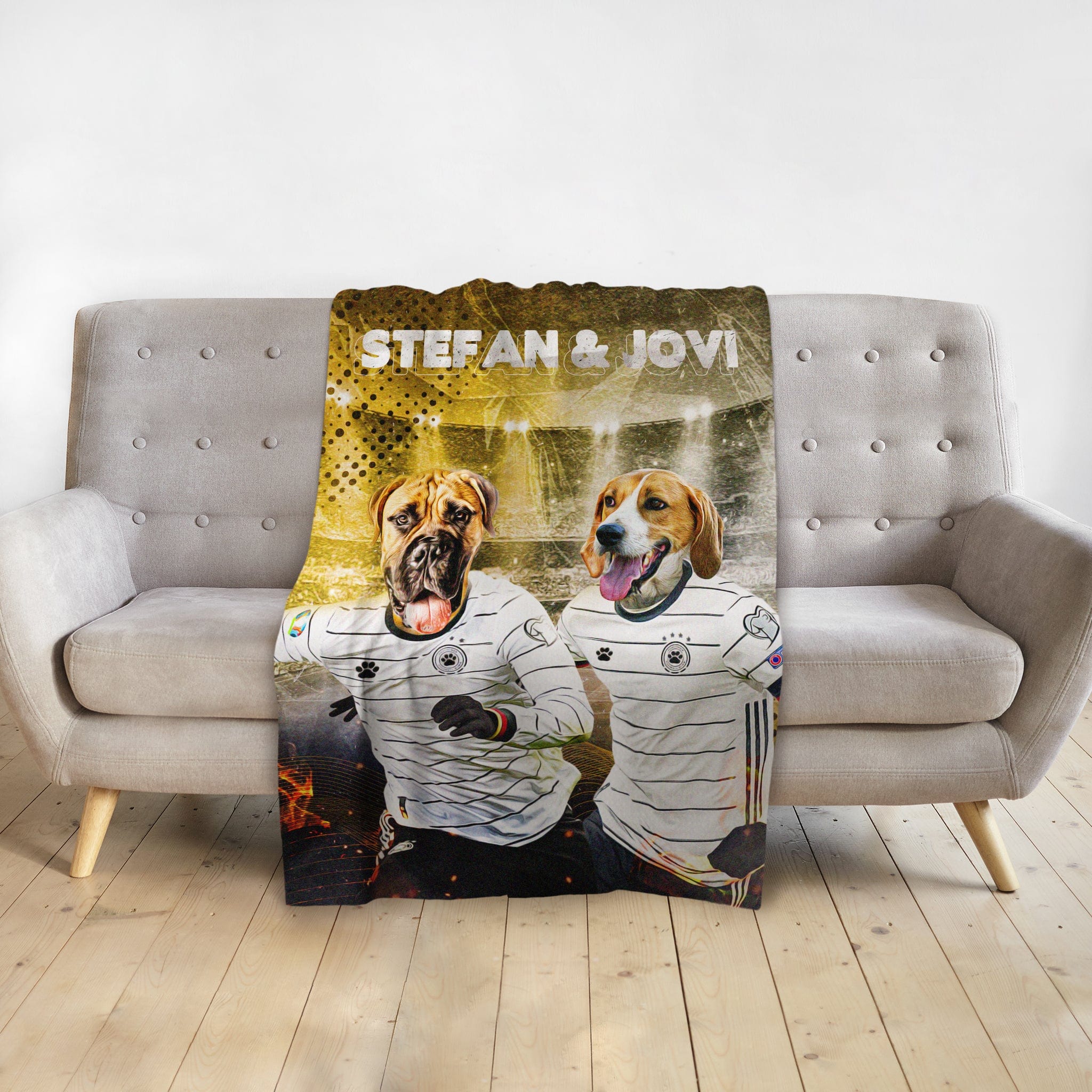 Personalized minky blanket with two dogs in Germany soccer jerseys and names "Stefan & Jovi".