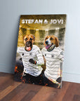 Personalized 'Germany Doggos' canvas featuring two dogs in white soccer jerseys with names "STEFAN & JOVI".