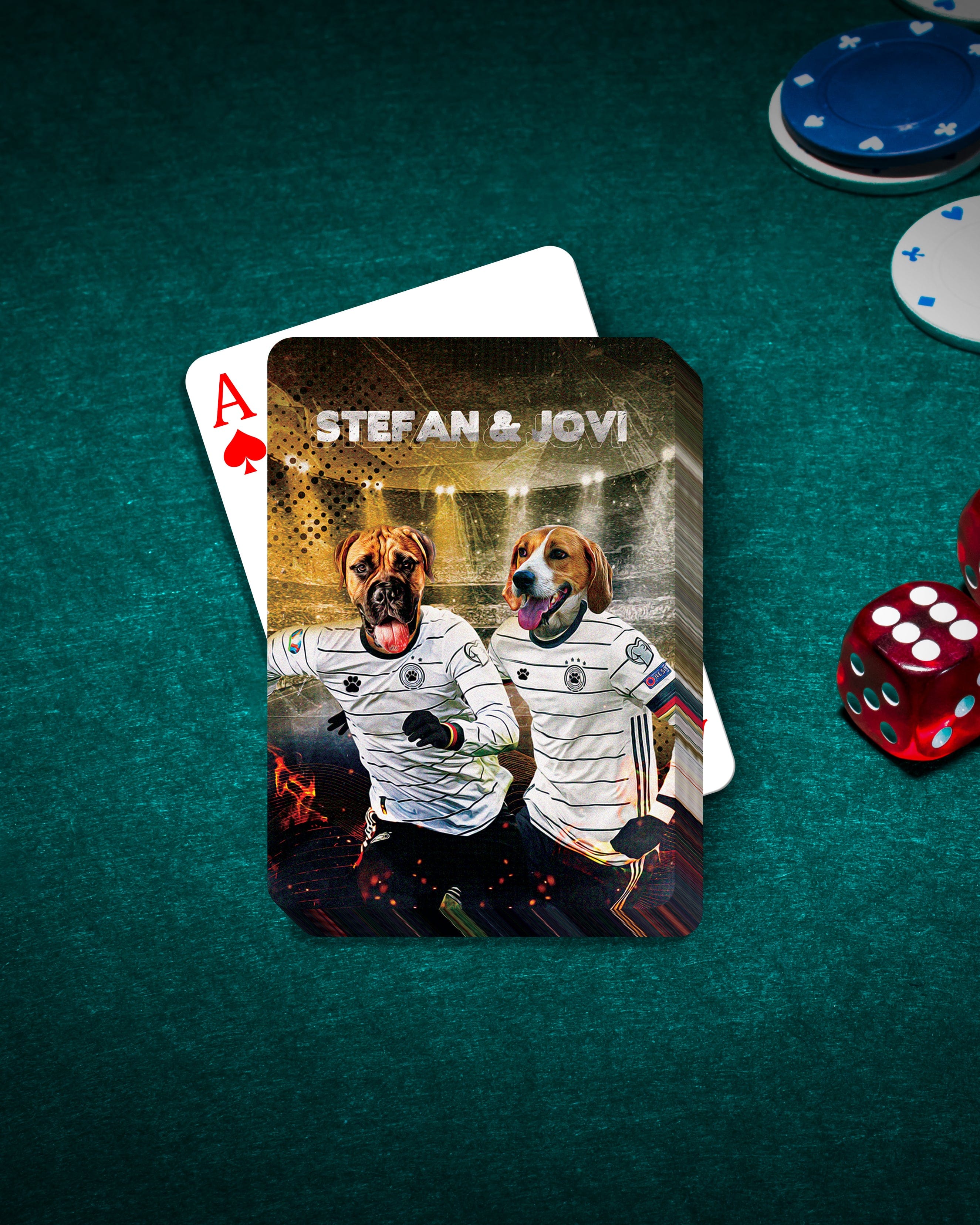 Personalized playing cards featuring two dogs in Germany soccer jerseys on a green felt table.