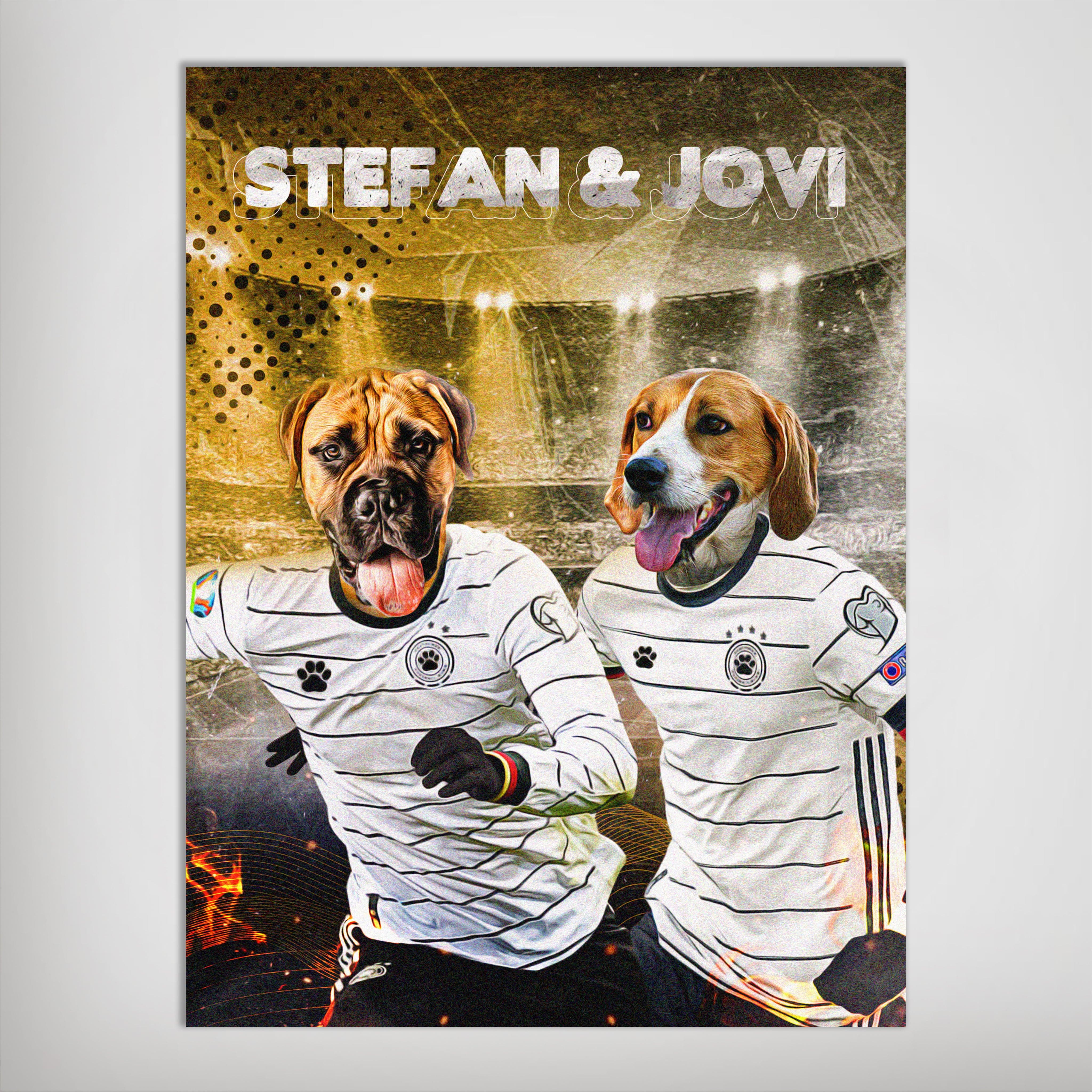 Personalized "Germany Doggos" poster featuring two pets in white soccer jerseys with names "Stefan & Jovi.
