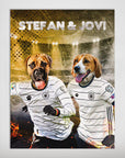 Personalized "Germany Doggos" poster featuring two pets in white soccer jerseys with names "Stefan & Jovi.