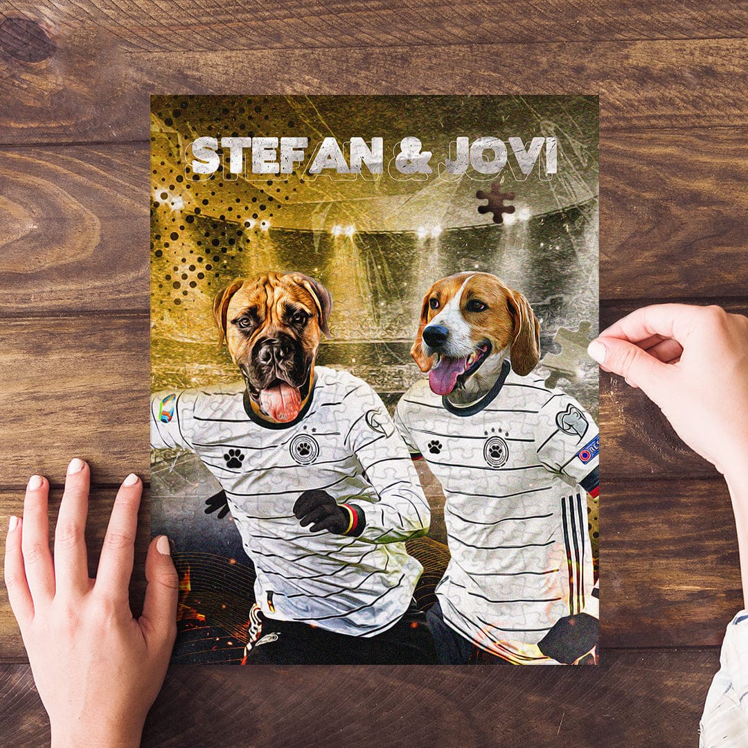 Personalized 2-pet puzzle featuring a Boxer and Beagle in Germany soccer jerseys, set against a stadium background.
