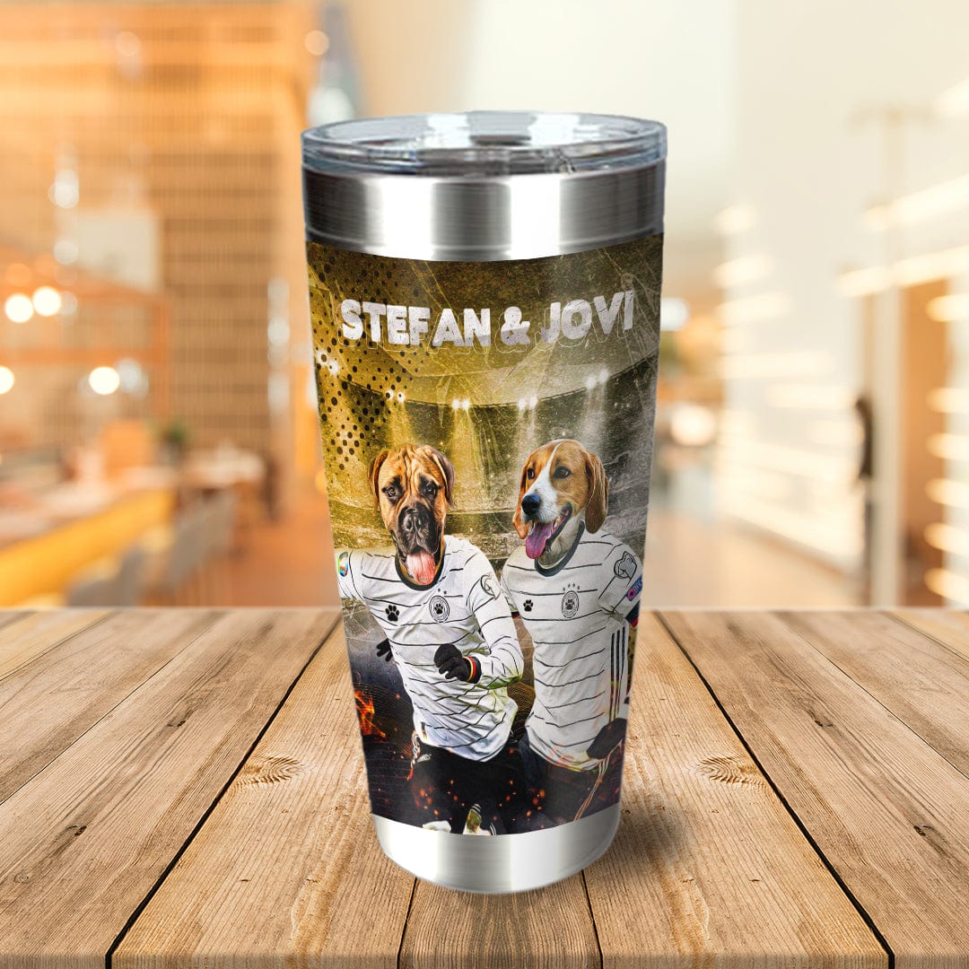 Personalized stainless steel tumbler with two dogs in German soccer jerseys and custom names.