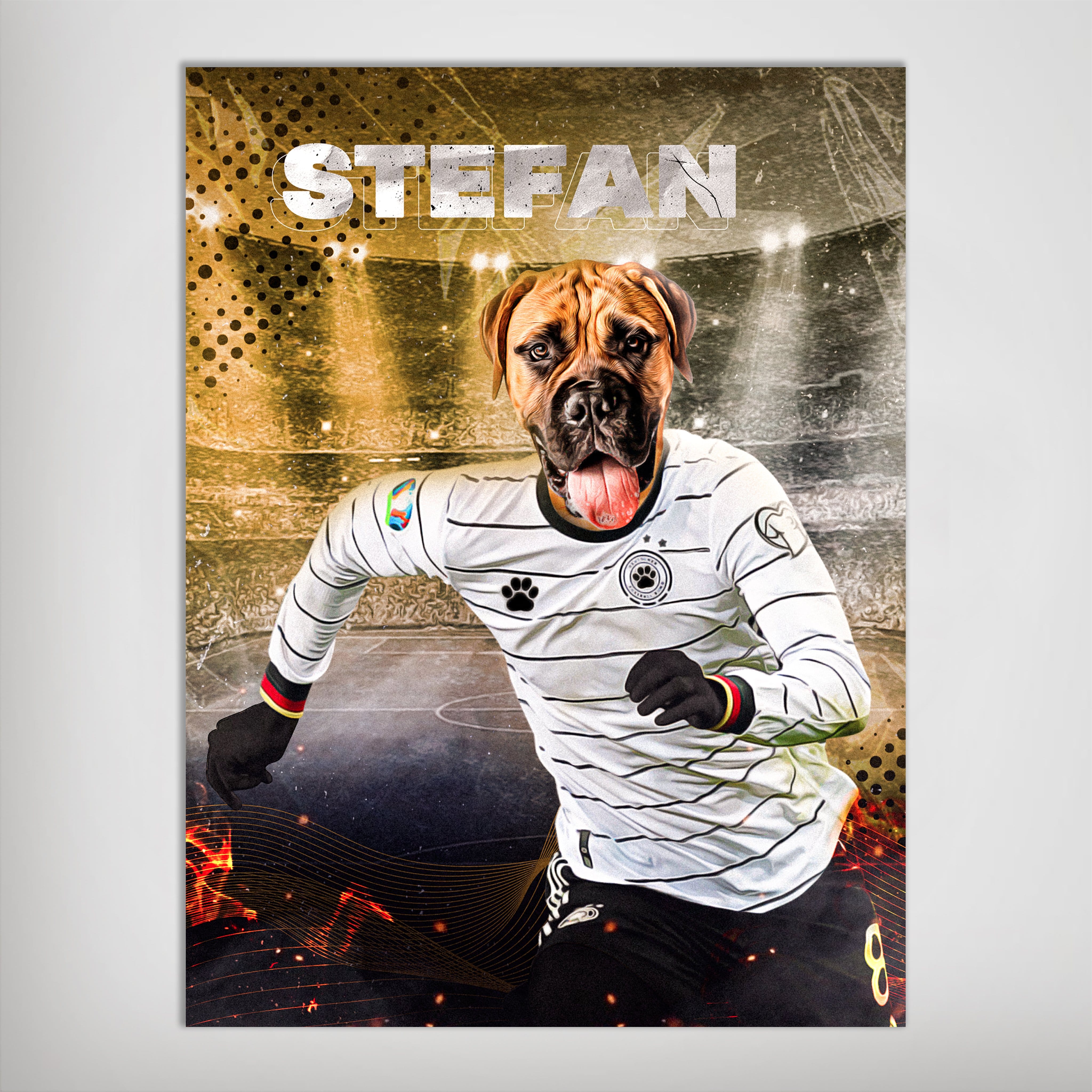 Personalized matte poster featuring a Mastiff dog in a white German soccer jersey running on a field.