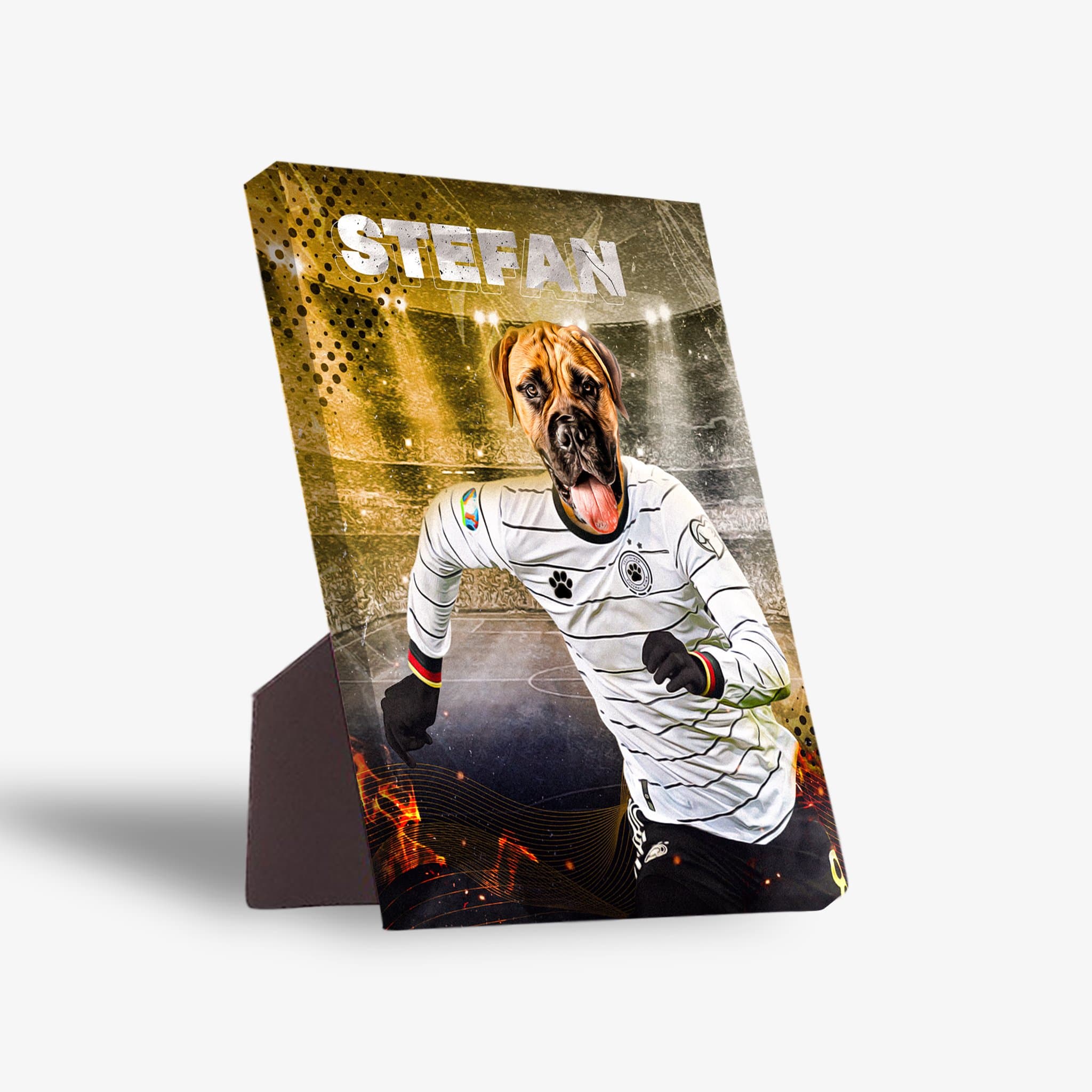 Personalized pet standing canvas featuring a Boxer dog in a Germany soccer jersey, named "STEFAN".