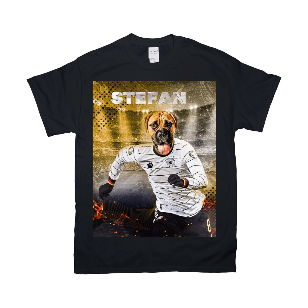 Black Gildan unisex t-shirt with a personalized graphic of a dog's head on a German soccer player's body.