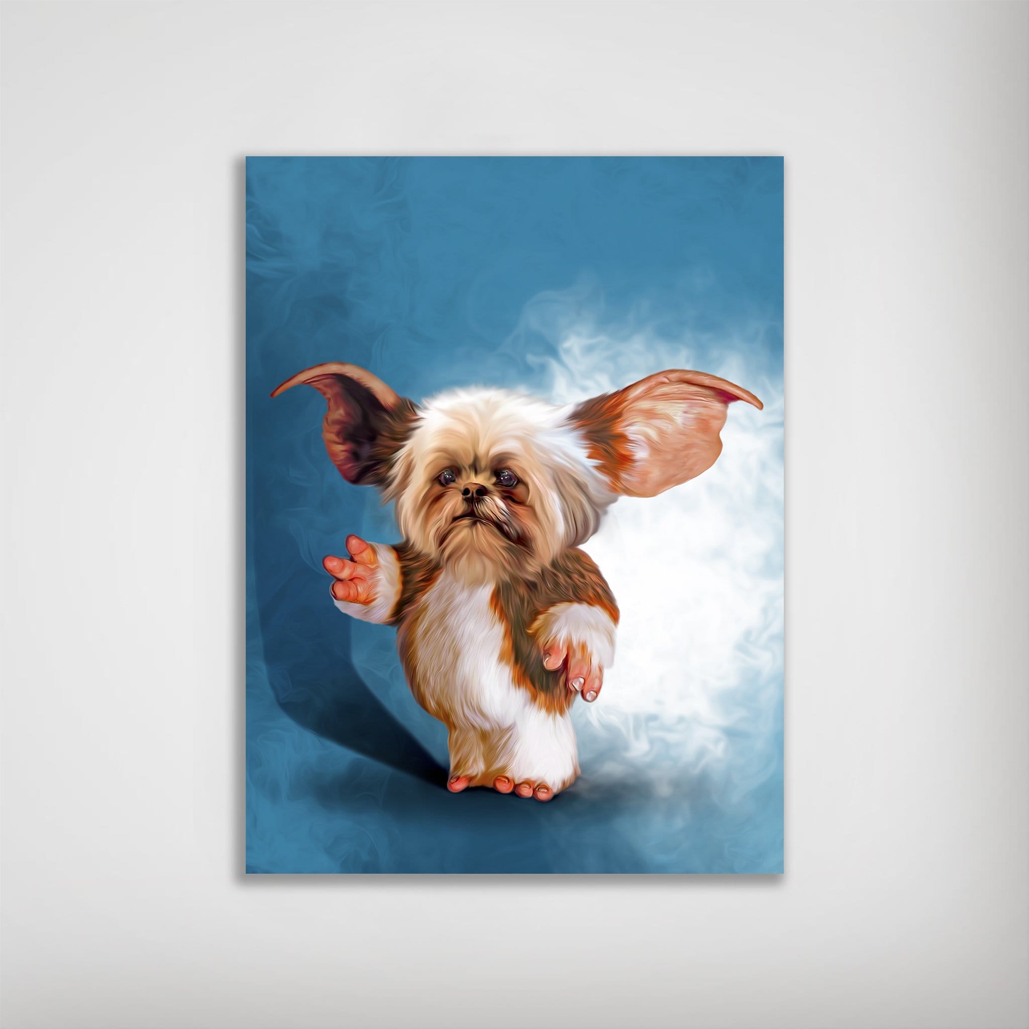 Personalized 'Gizmo Doggo' poster featuring a Shih Tzu with large ears on a blue background.