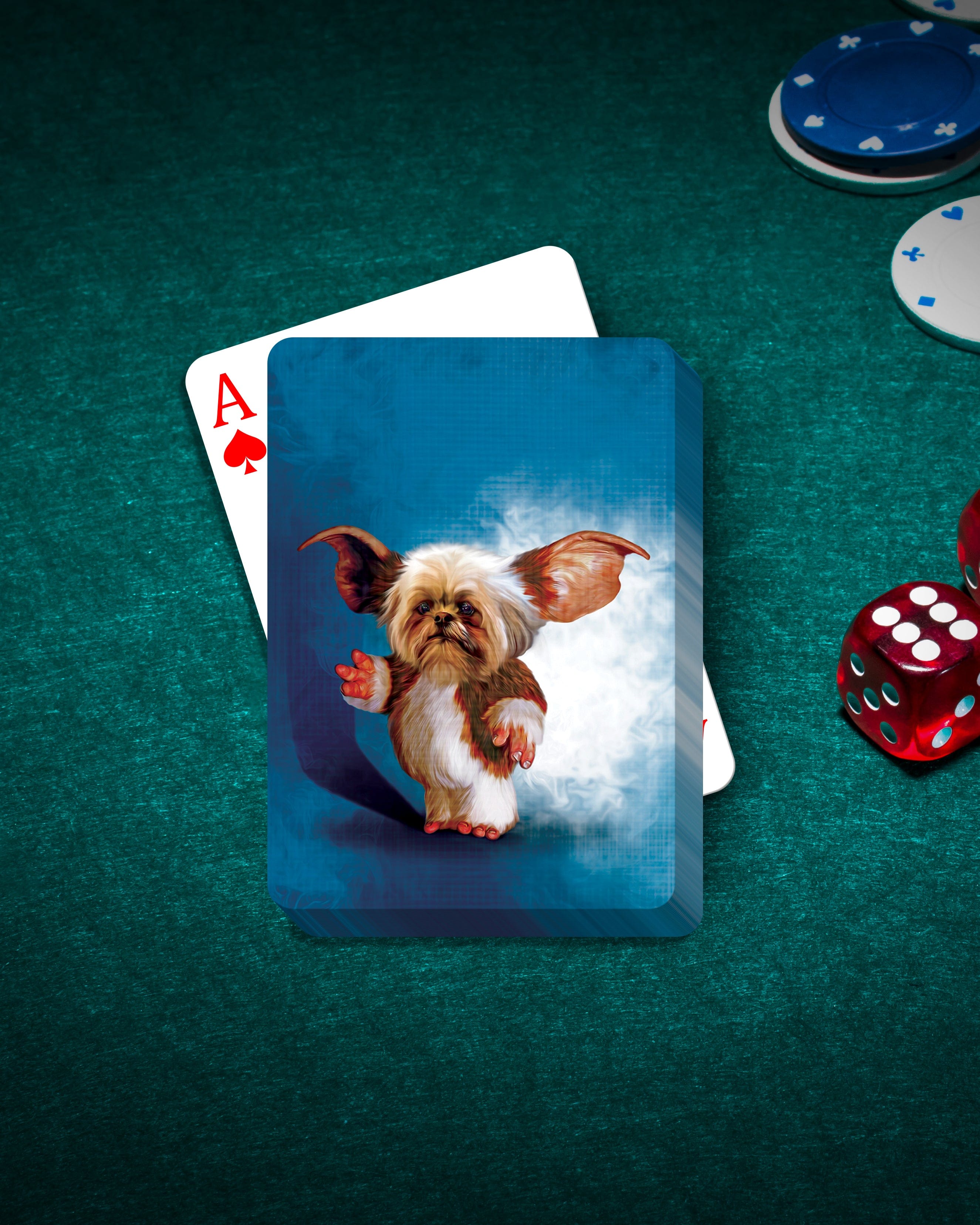 Personalized playing cards featuring a custom Gizmo-style dog portrait on a blue background.