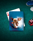 Personalized playing cards featuring a custom Gizmo-style dog portrait on a blue background.