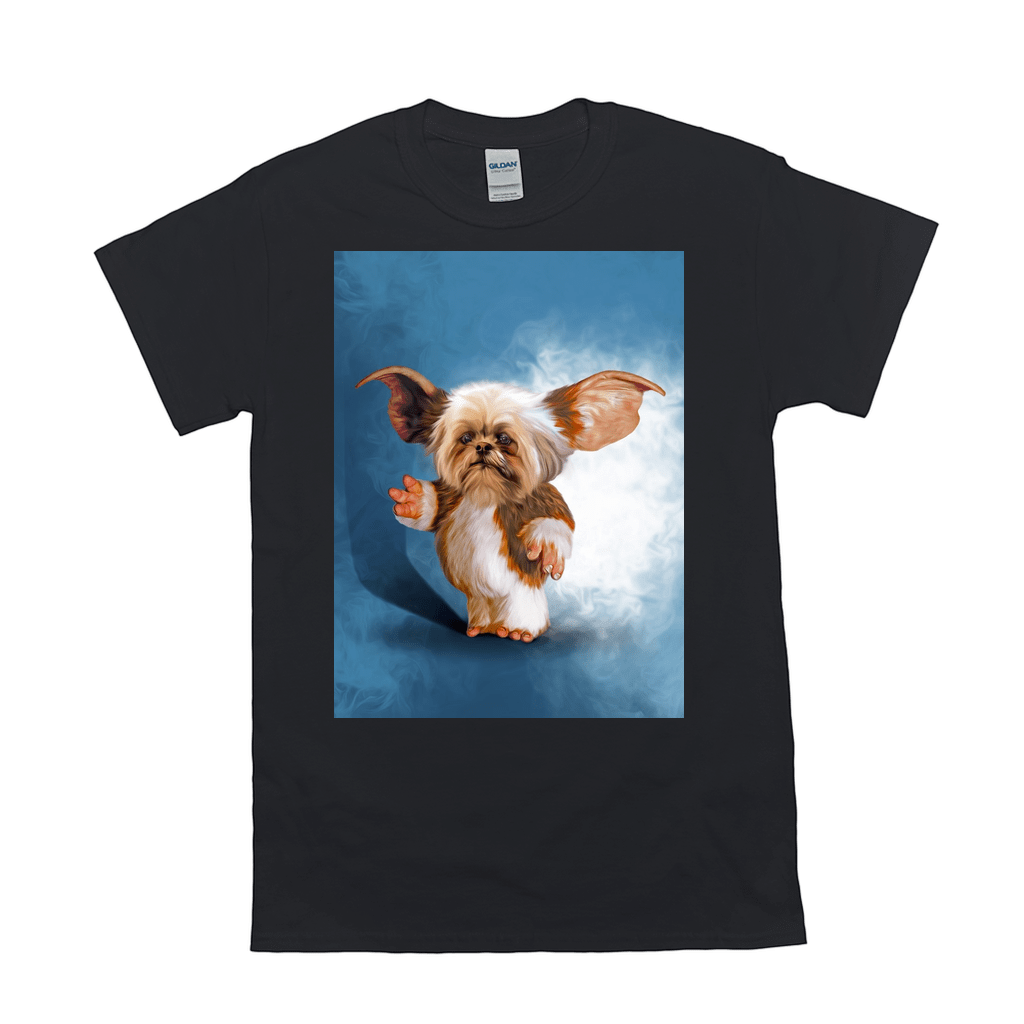 Black Gildan t-shirt with a personalized "Gizmo Doggo" pet portrait, featuring a cute brown and white dog.