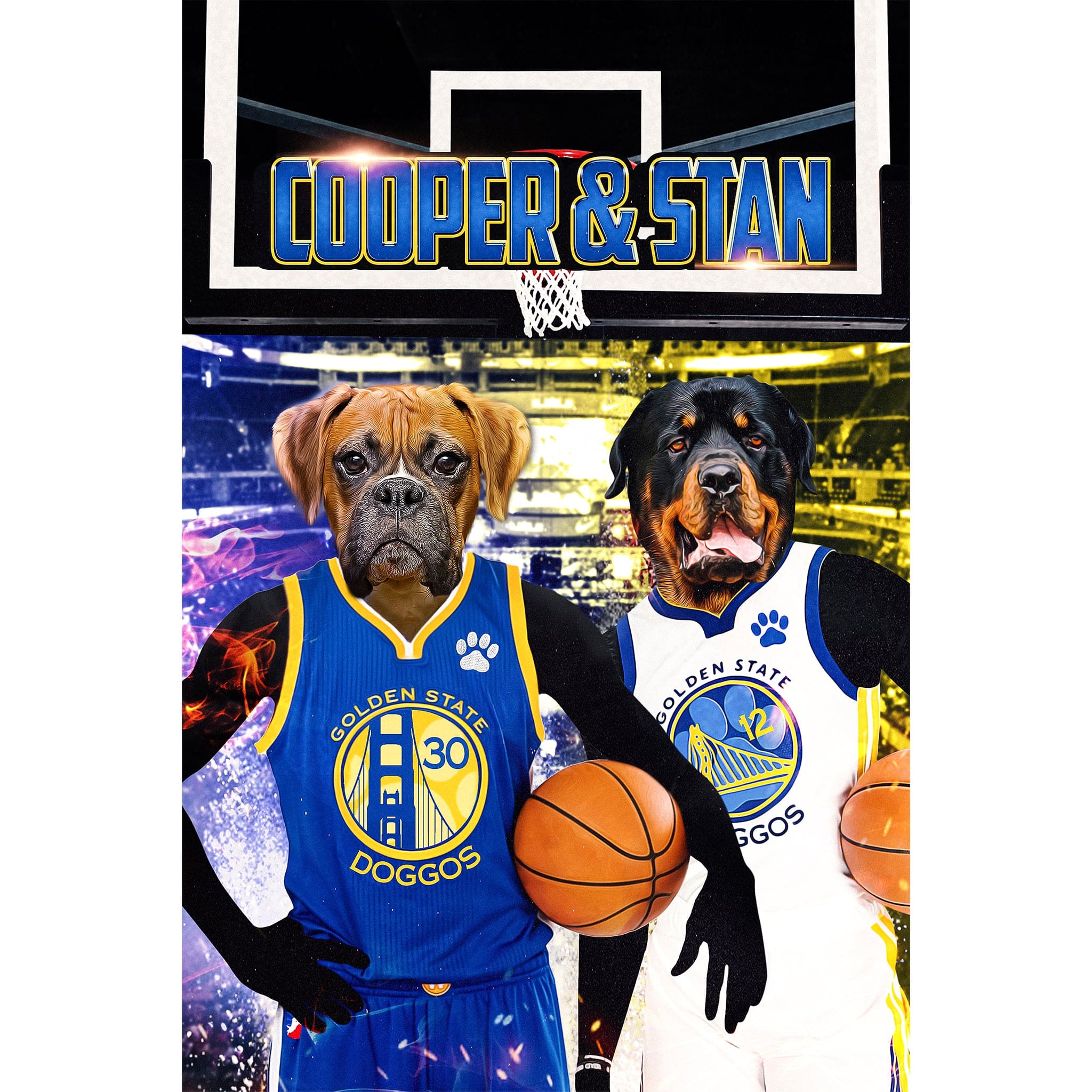 Custom digital portrait of two dogs, a Boxer and a Rottweiler, in Golden State Warriors basketball jerseys.