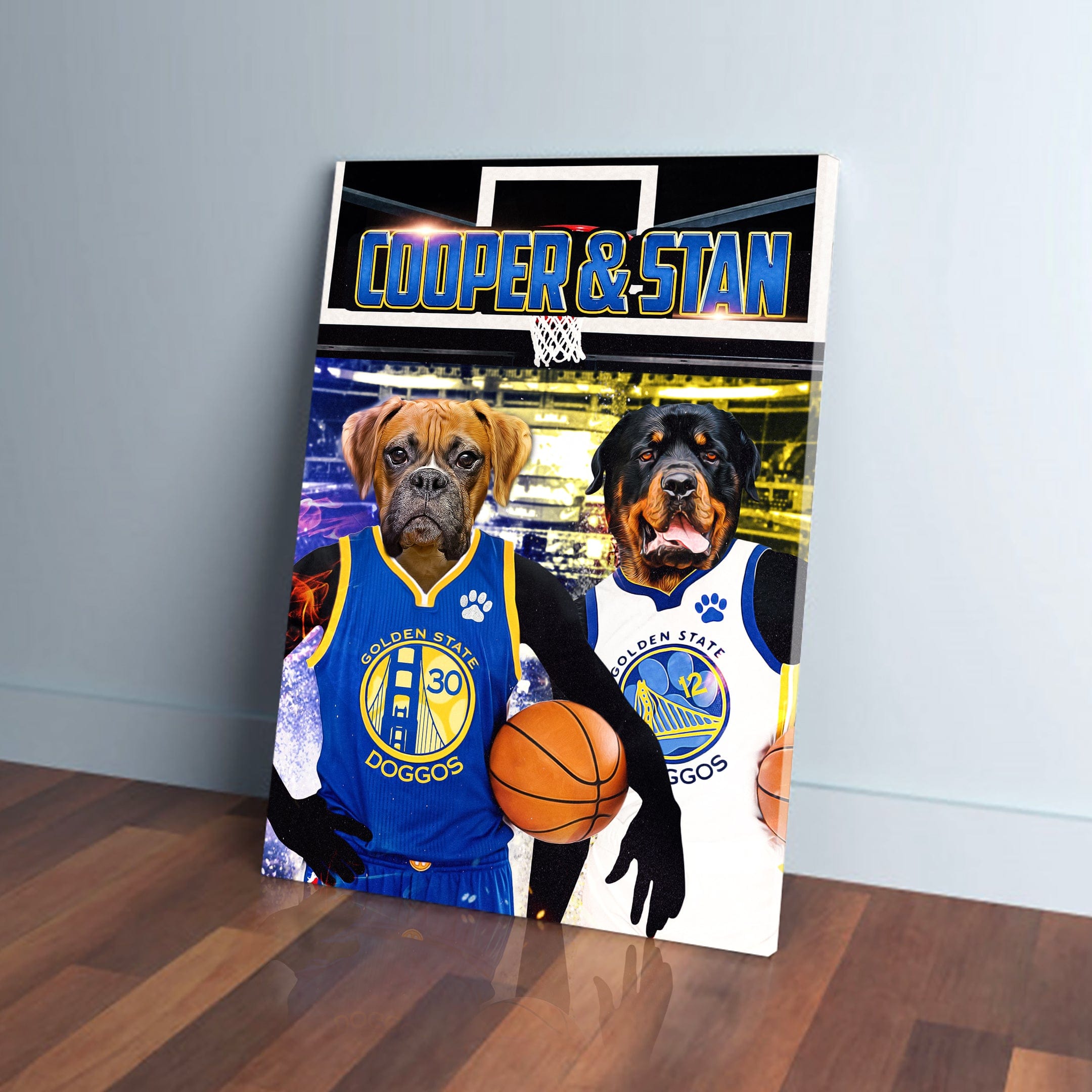 Personalized 'Golden State Doggos' canvas featuring two pets in basketball jerseys, leaning against a wall.
