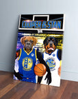 Personalized 'Golden State Doggos' canvas featuring two pets in basketball jerseys, leaning against a wall.