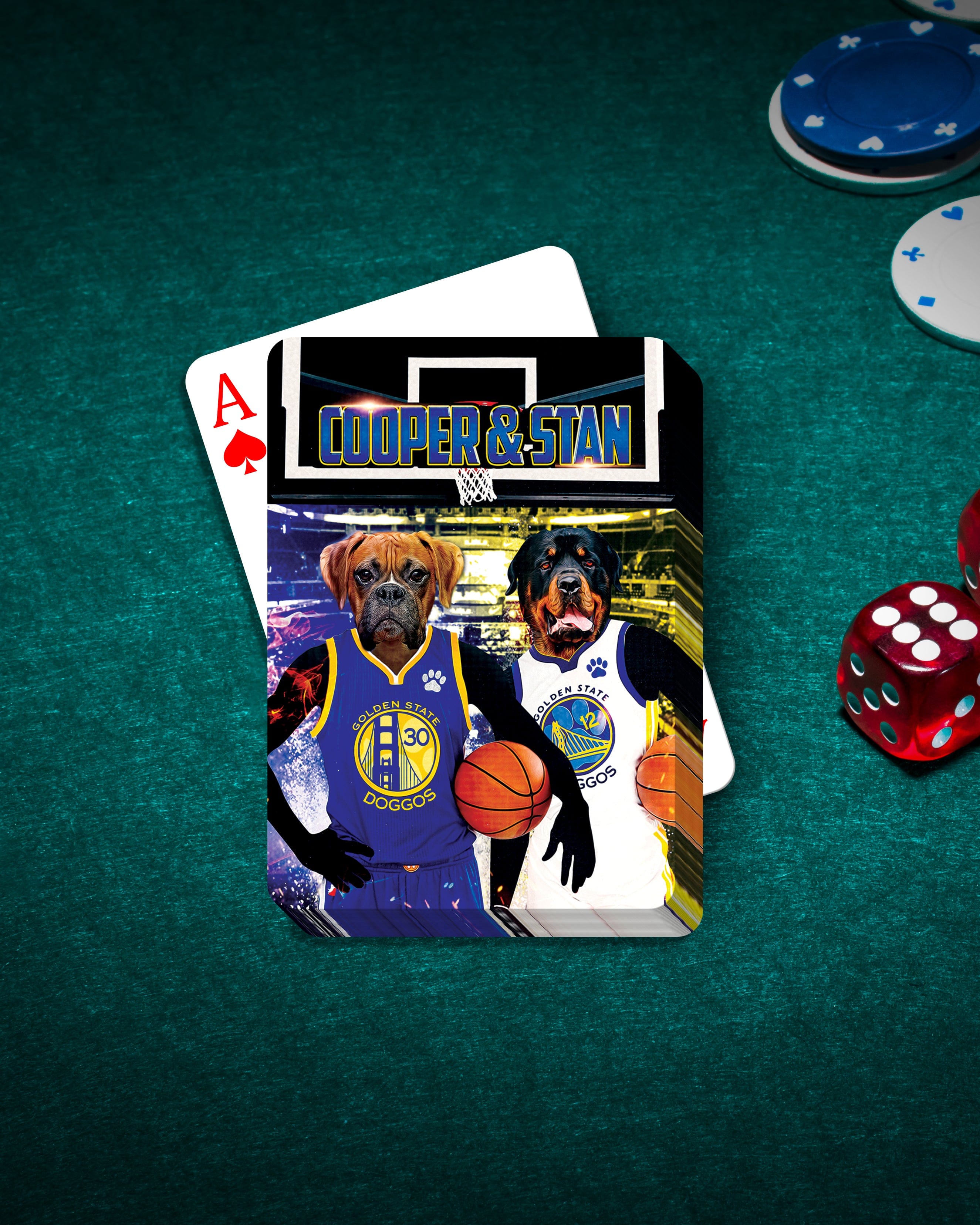 Personalized playing cards featuring two pets as basketball players, a boxer and a rottweiler, on a green felt table.