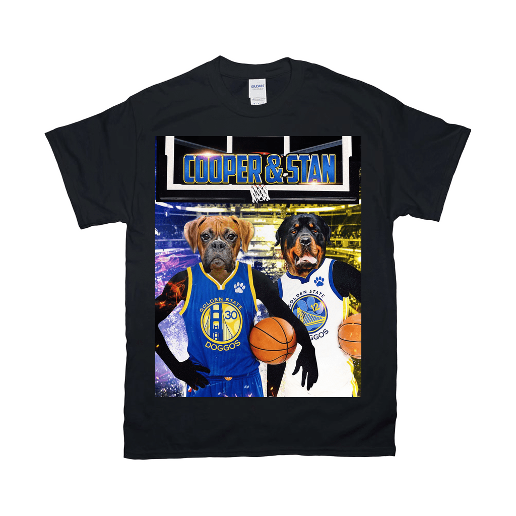 Black Gildan unisex t-shirt featuring two personalized dogs in Golden State Doggos basketball jerseys.