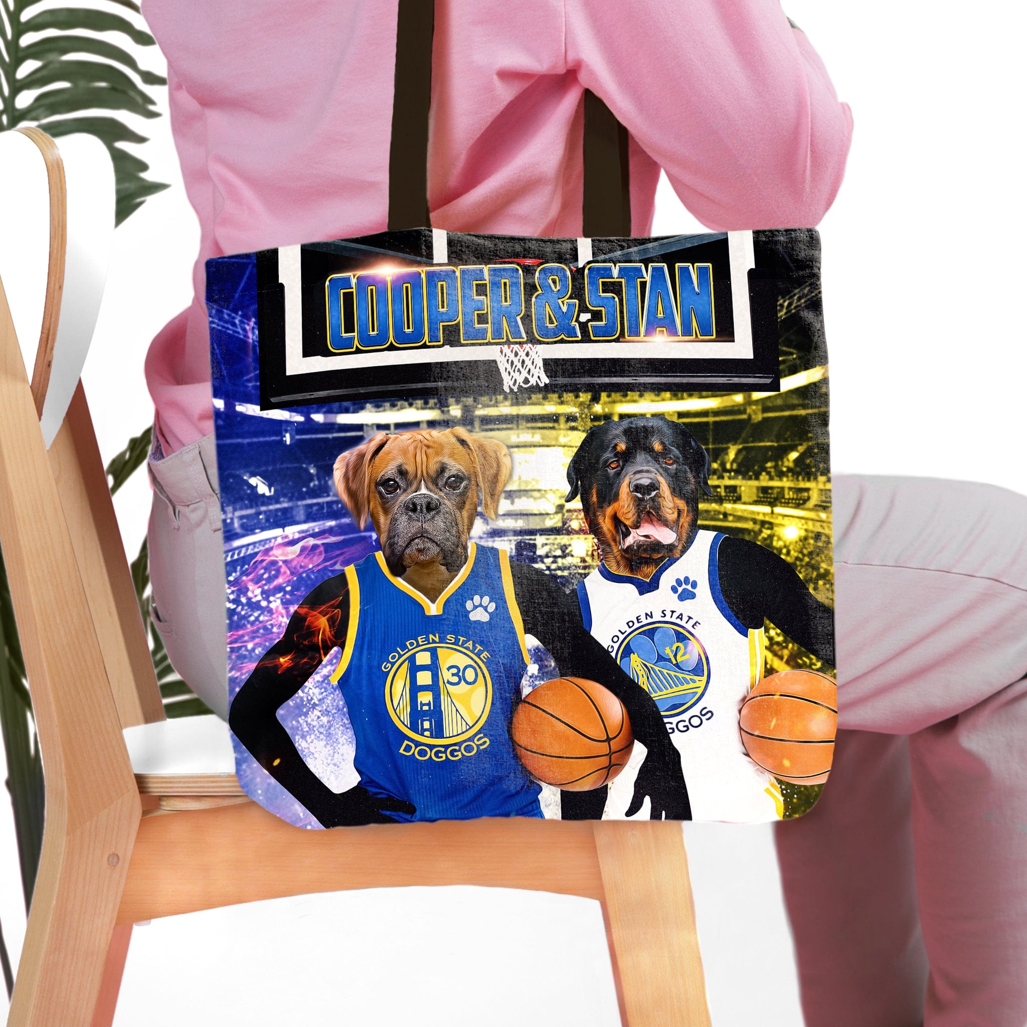 Personalized 2-pet tote bag featuring custom boxer and rottweiler dog portraits in basketball jerseys.