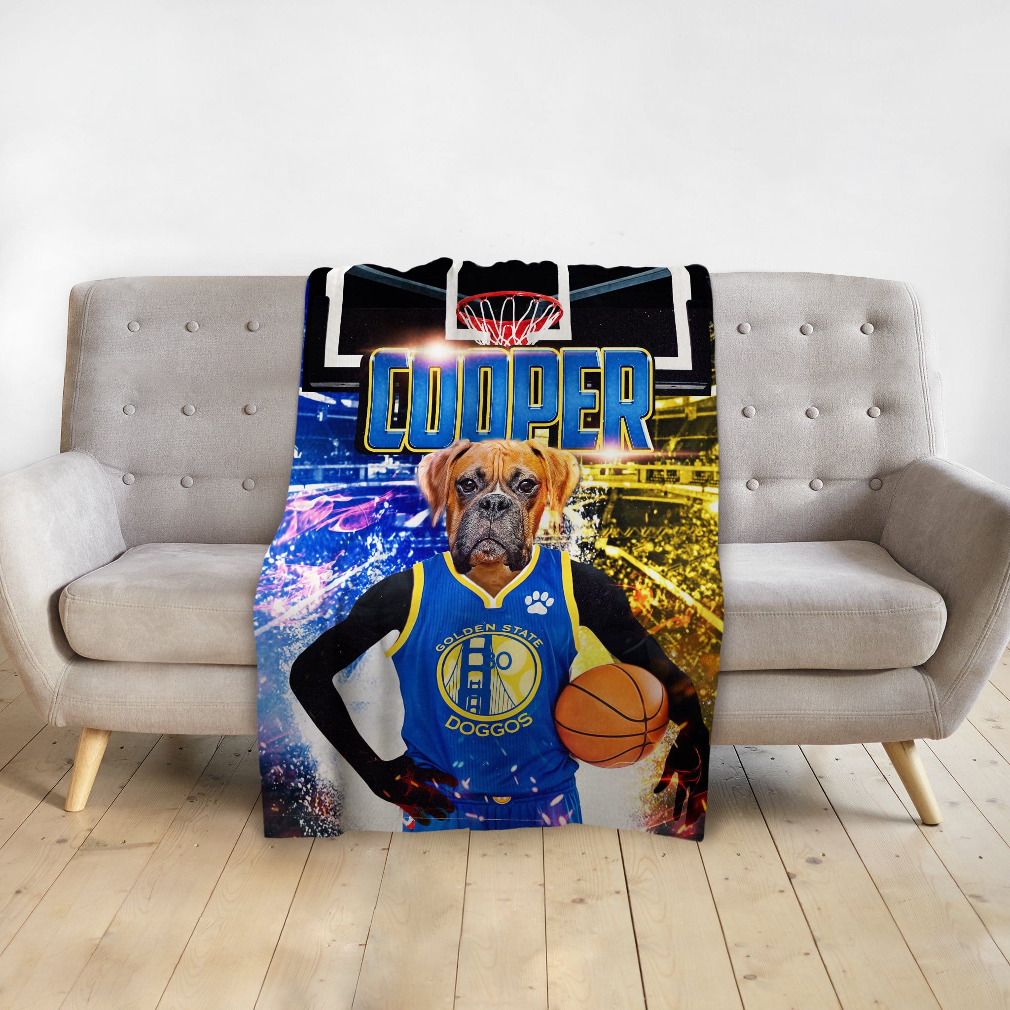 Personalized pet blanket featuring a boxer dog in a Golden State Doggos basketball uniform, holding a ball.