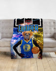 Personalized pet blanket featuring a boxer dog in a Golden State Doggos basketball uniform, holding a ball.