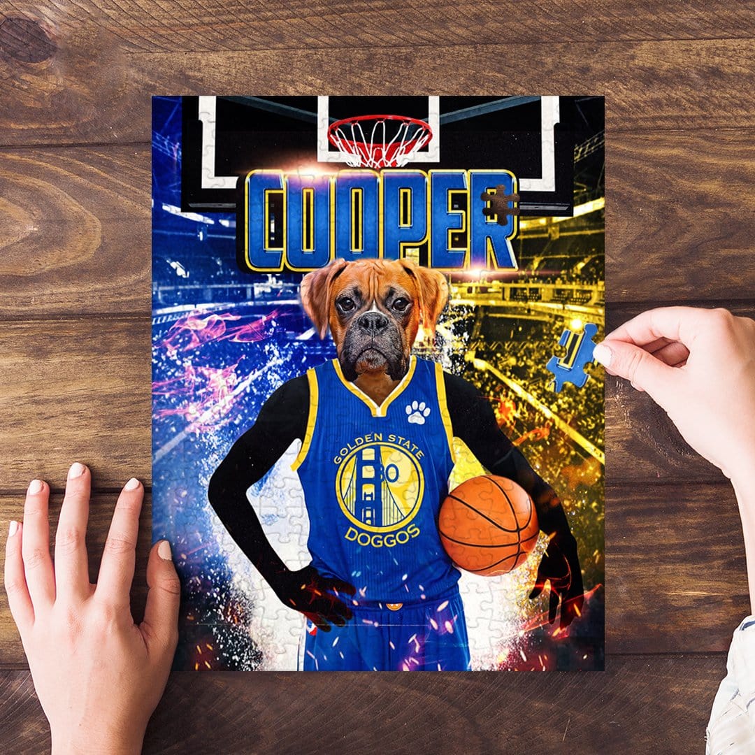 Personalized Golden State Doggos puzzle featuring a boxer dog in a basketball uniform.