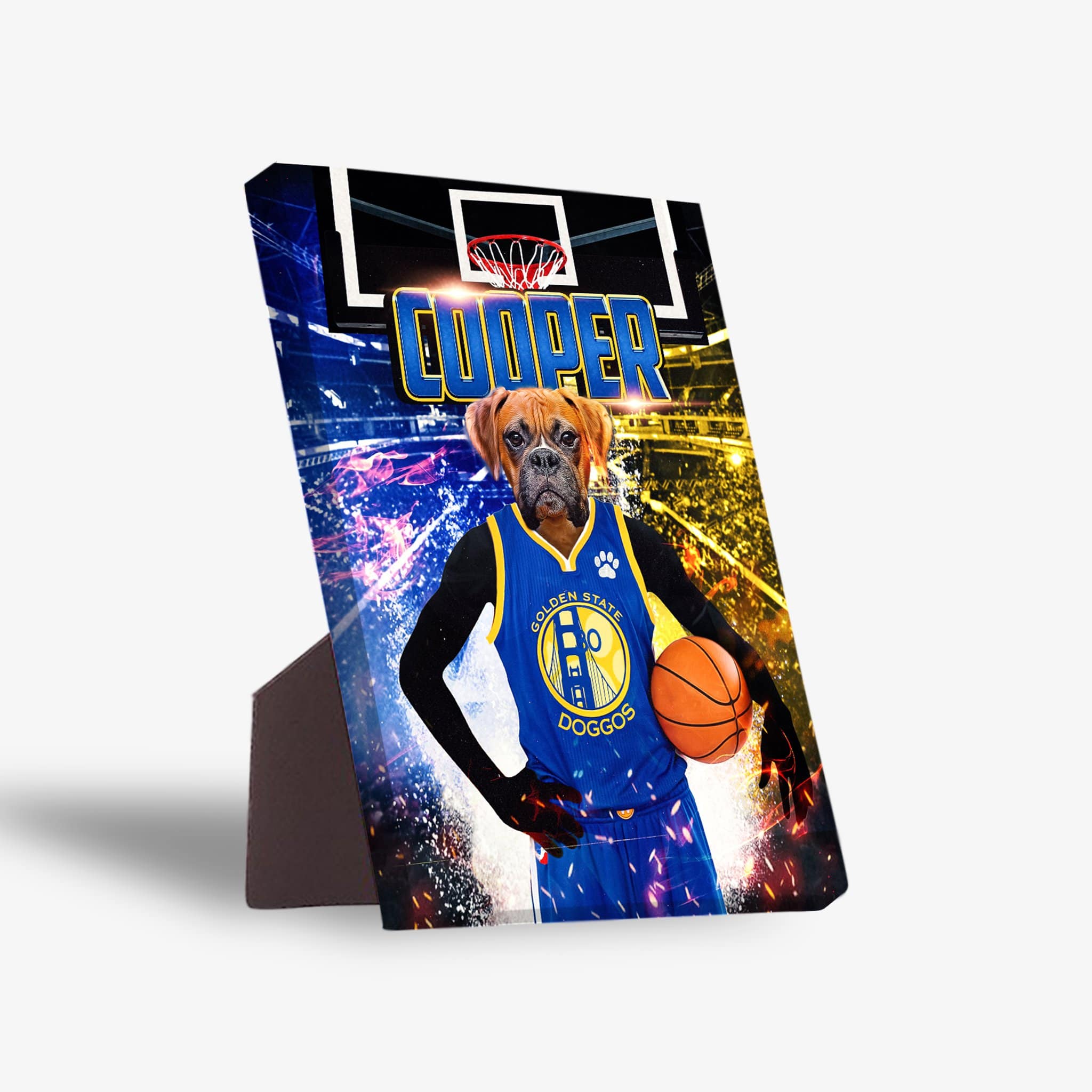 Personalized Golden State Doggos standing canvas featuring a boxer dog in a basketball uniform.