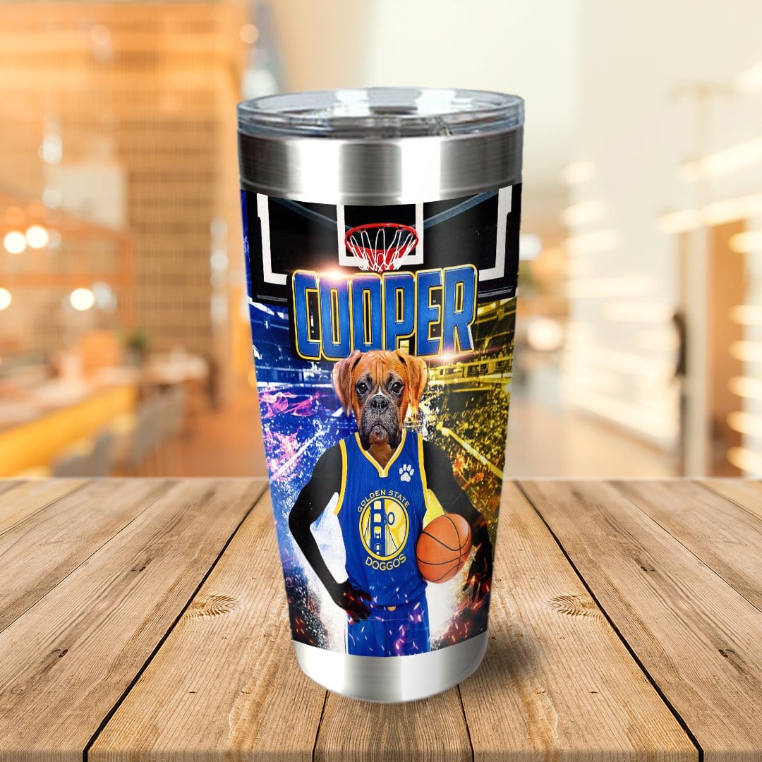 Personalized stainless steel tumbler with a boxer dog in a basketball uniform, named "Cooper.