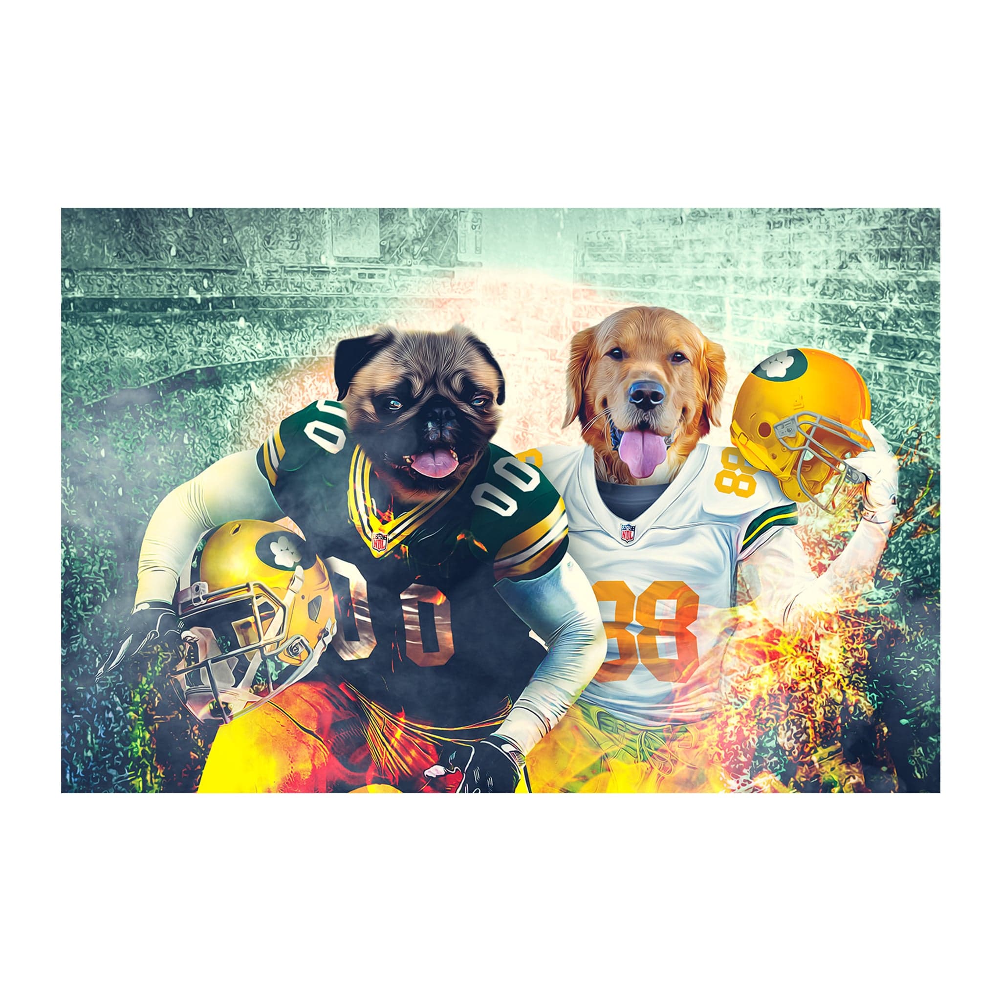Custom Green Bay Doggos 2 pet digital portrait featuring a pug and golden retriever in football uniforms.