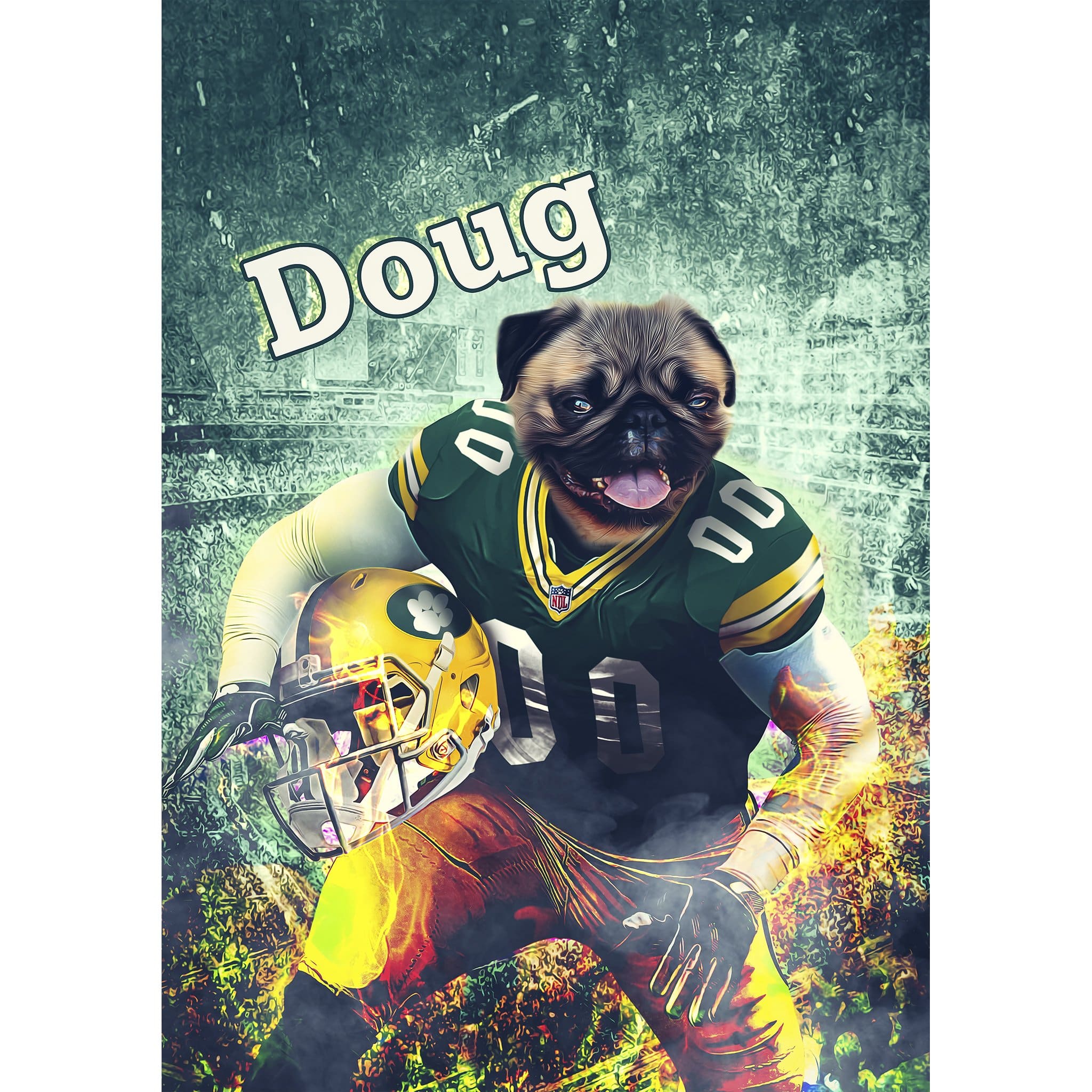 Personalized digital portrait of a pug dog in a Green Bay Packers football uniform, holding a helmet.