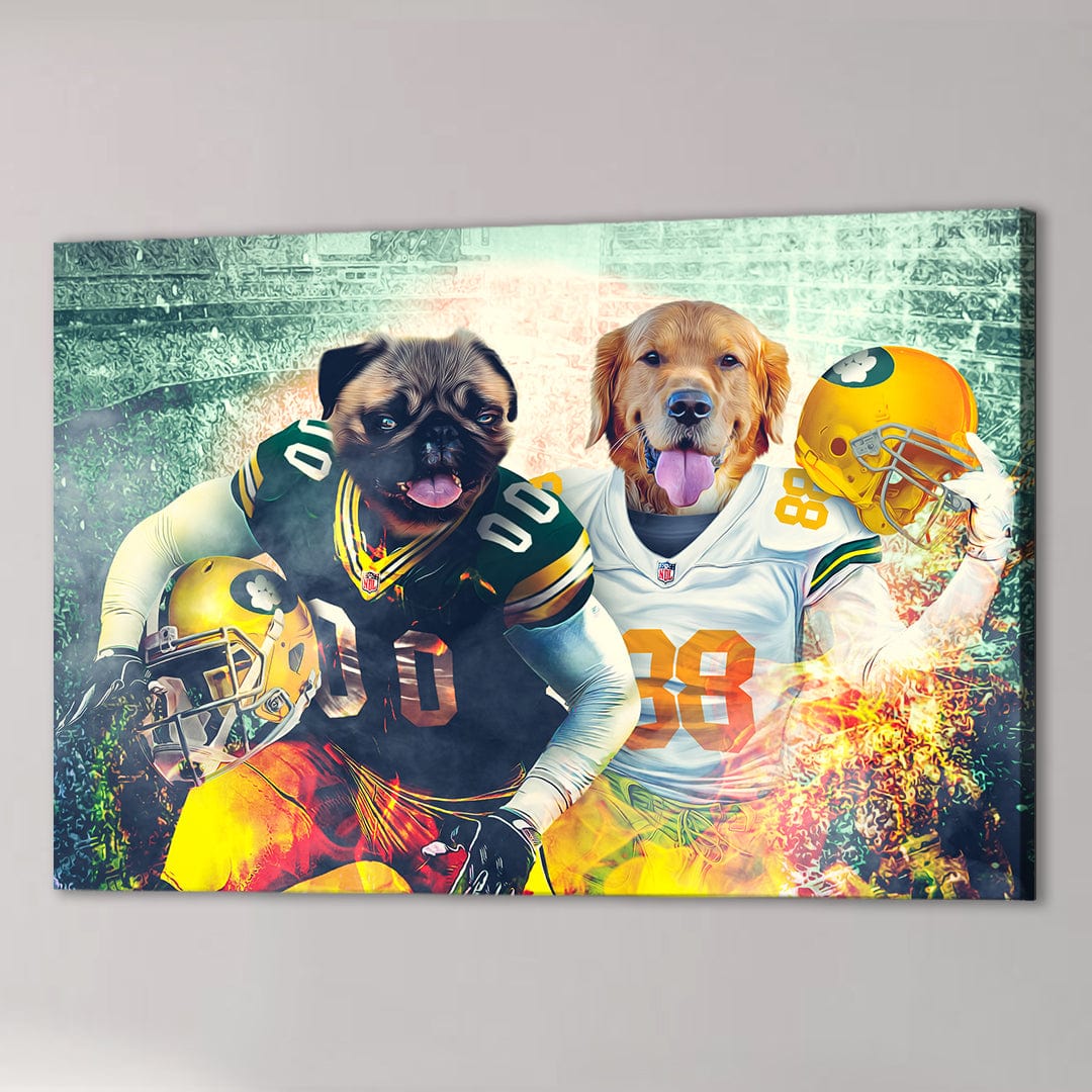 Personalized Green Bay Doggos canvas featuring a pug and golden retriever in football uniforms.