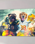Personalized Green Bay Doggos canvas featuring a pug and golden retriever in football uniforms.