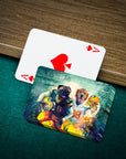 Personalized playing cards featuring two dogs in Green Bay football uniforms on a green felt table.