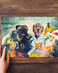 Personalized Green Bay Doggos puzzle featuring a pug and golden retriever in football uniforms.