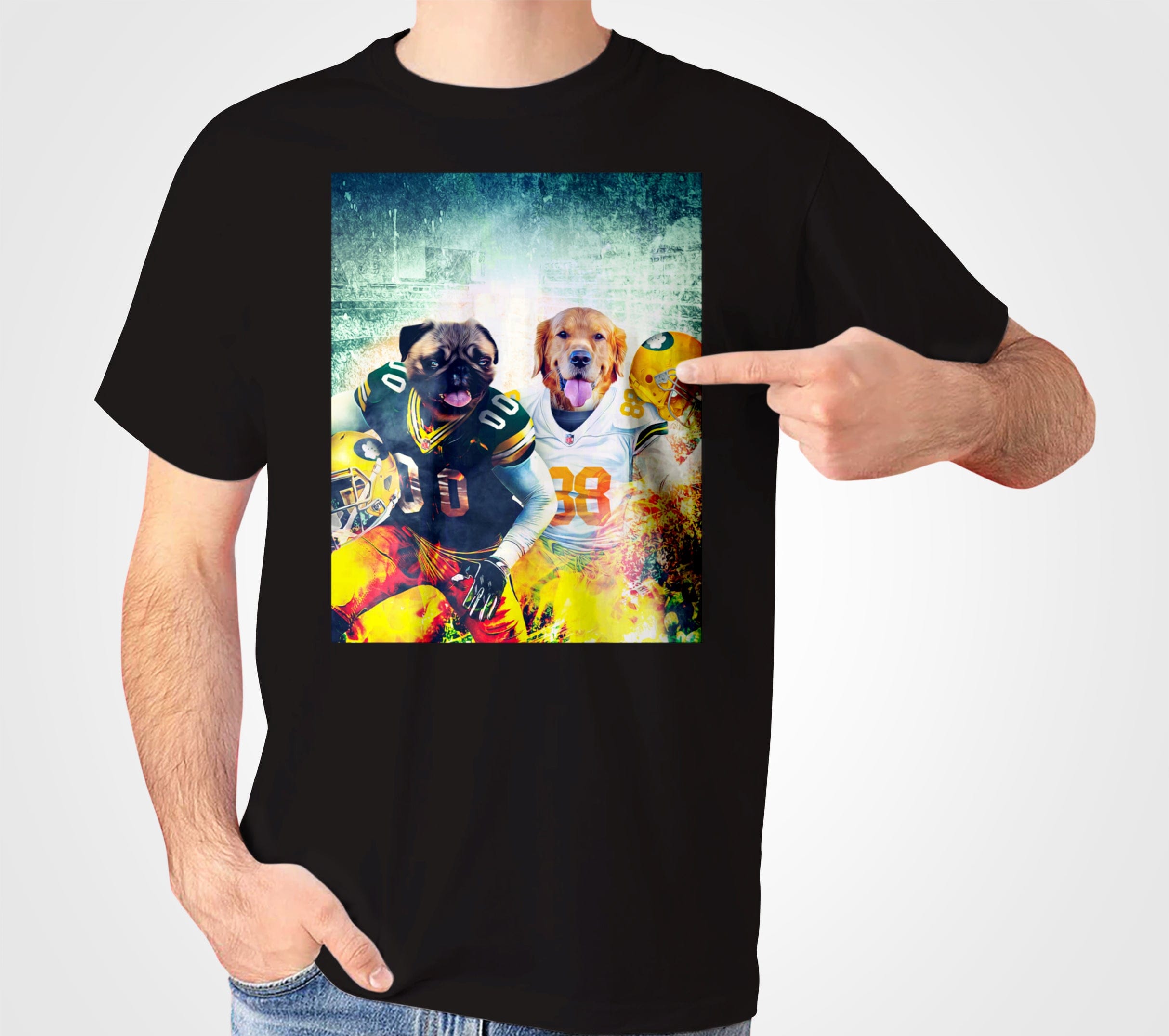Black Gildan t-shirt with a personalized graphic of two dogs in Green Bay Packers football uniforms.