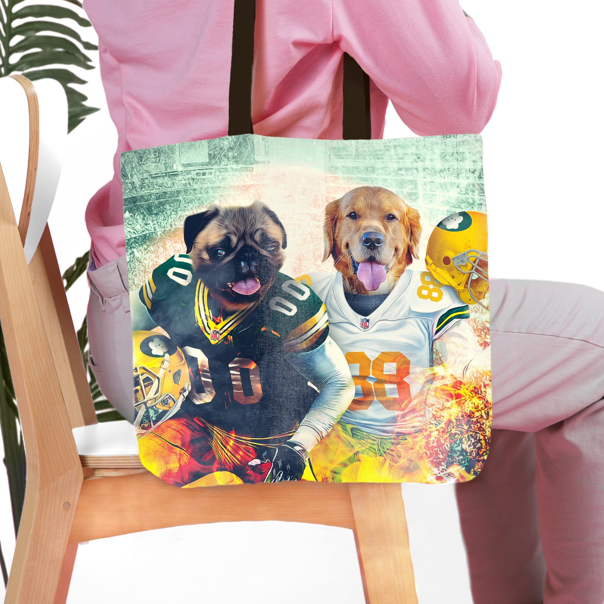 Personalized Green Bay Doggos tote bag with custom dog portraits in football jerseys.